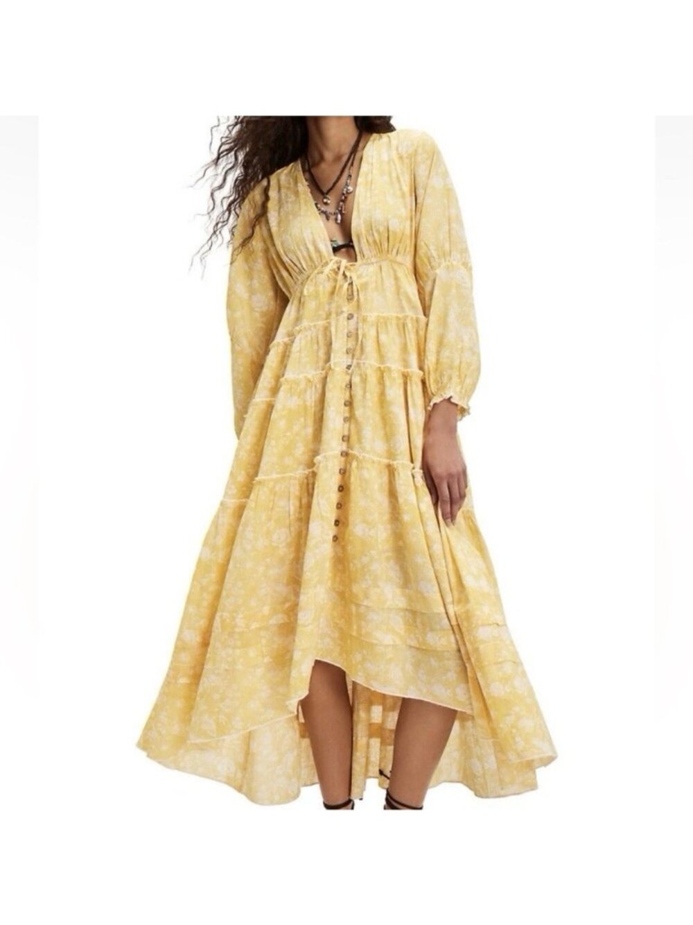 Free People Sunshine Combo Maxi Dress Women’s M Yellow Floral Boho NWT